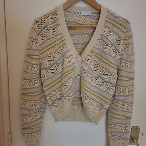 ZARA Striped Cotton Crop Cardigan Sweater S